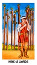 Nine of Wands Tarot Card Wariness Anxious Guarded,Wounded On The Look Out Expecting Trouble On Guard On Duty Ã¢â¬ËOld SoldierÃ¢â¬â¢ Royalty Free Stock Photo